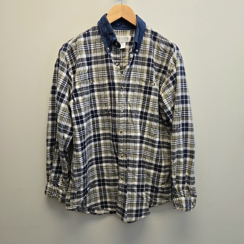Vintage Medium Great Lakes Recreation Plaid Denim Button Cotton Shirt